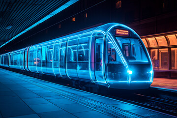 image of an ethereal, transparent train with a blue glow, depicted in a night scene with a glowing neon outline