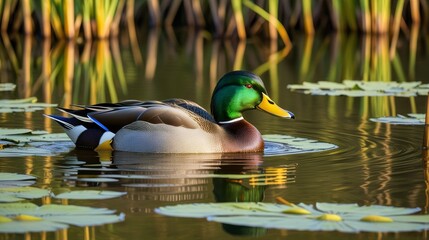 Fototapeta premium A Mallard Duck Swimming Gracefully Among Lily Pads in a Tranquil Pond During Golden Hour