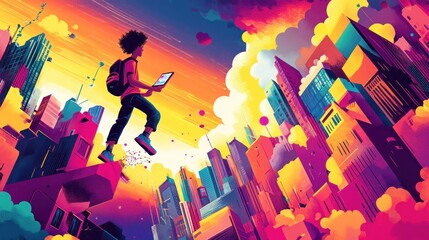 A young person with a backpack and a tablet walks on a floating building in a colorful city.