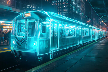 Fototapeta premium image of an ethereal, transparent train with a blue glow, depicted in a night scene with a glowing neon outline
