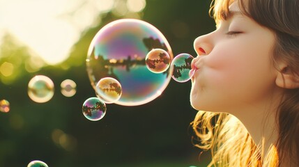 A girl blowing bubbles in a sunlit setting, showcasing joy and innocence against a natural background.