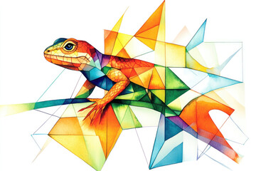 Fototapeta premium Abstrakte Wasserfarben-Illustration von einem Gecko mit geometrischen Formen - Farbenfroher Kunstdruck