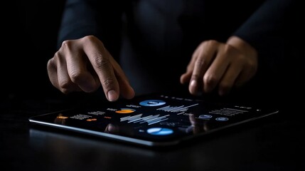 Analyzing Data on Tablet:  Close-up of hands interacting with a tablet displaying dynamic data visualizations in a dark setting.  A captivating image suggesting strategic planning, analysis.