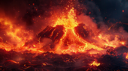 A backdrop of flowing lava with glowing red and orange patterns, representing the inferno of a volcanic eruption