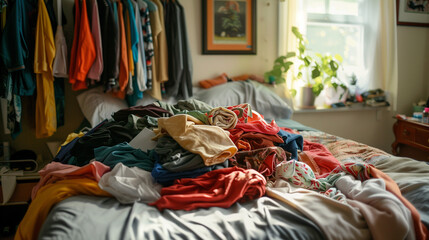A pile of messy clothes on the bed