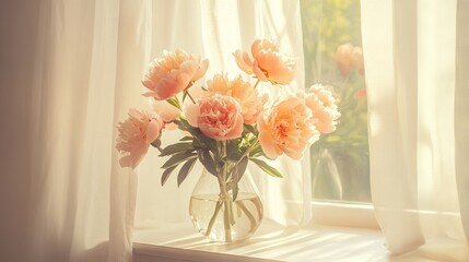 Elegant Bouquet of Peonies in a Glass Vase on a Window Sill with Soft Sunlight. AI generated illustration