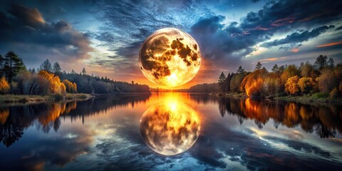 Night landscape with burning moon reflection in river surrounded by symmetrical forest and clouds