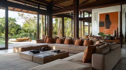 Fototapeta premium Contemporary living area features a plush sofa and stylish furnishings, creating a comfortable and inviting space for relaxation and entertainment. 
