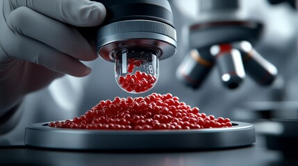 Lab Research Closeup: A gloved hand delicately manipulates a small sample of red spheres, poised above a larger pile of the same material, with a microscope in the background.