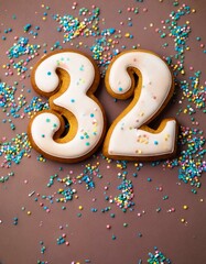 Decorated cookie, number 32, image for birthday or anniversary celebration