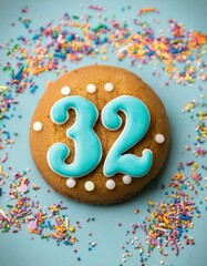 Decorated cookie, number 32, image for birthday or anniversary celebration