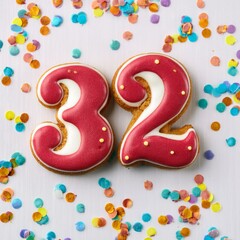 Decorated cookie, number 32, image for birthday or anniversary celebration