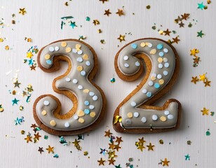 Decorated cookie, number 32, image for birthday or anniversary celebration