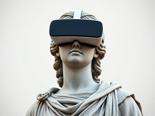 marble statue with a virtual reality headset, this time from a slightly different angle, emphasizing the fusion of traditional art and modern technology. 