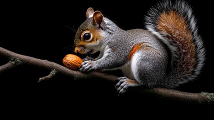 Squirrel Feast: A close-up view of a gray squirrel perched on a branch, its tiny paws delicately holding a nut, as it savors the delicious treat in a dramatic black background. 