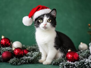 black and white cat in santa hat on christmas background