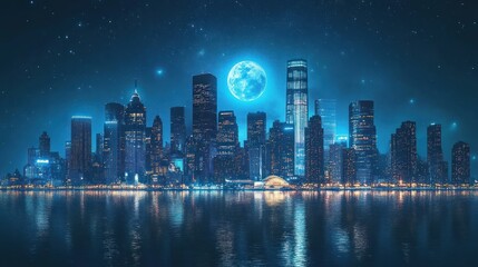 Obraz premium A futuristic city skyline illuminated by a glowing full moon and twinkling stars.