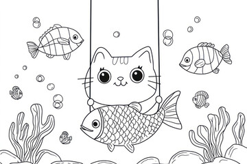 Fototapeta premium Cute Cat Hanging On Fish, coloring page for kids, line art.