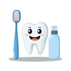 Daily Dental Care With Toothbrush And Toothpaste In Flat Design: Smiling Teeth Cartoon Promoting Oral Health And Healthcare.