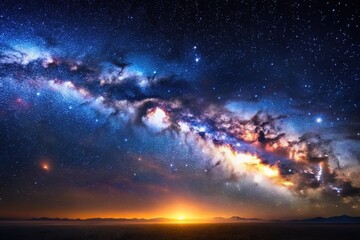 Fototapeta premium Night shining starry sky blue space background with stars cosmos Panoramic