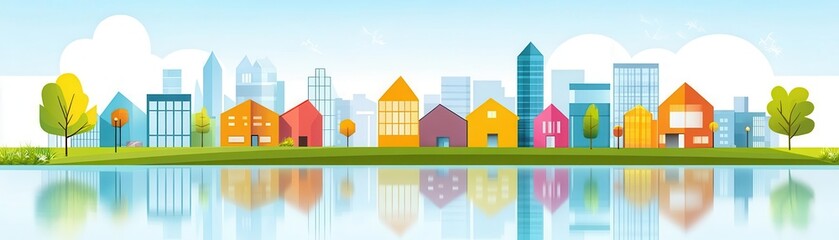 Fototapeta premium Innovation in architecture, flat design, front view, modern city theme, water color, complementary color scheme