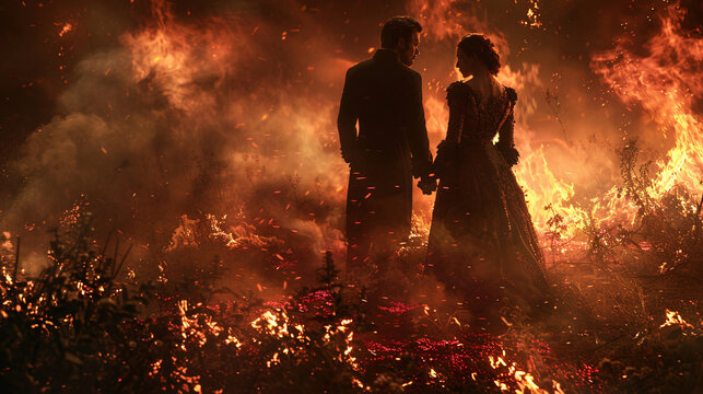 A chilling scene of a couple dressed in dark, romantic attire, with a backdrop of flames and eerie shadows