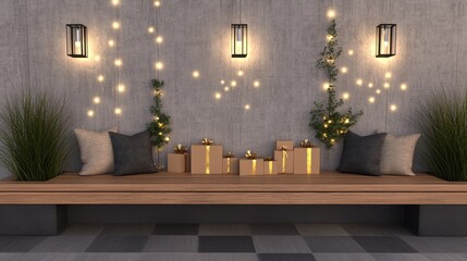 Fototapeta premium A rustic wooden bench adorned with pillows and lanterns is elegantly placed against a grey wall, surrounded by gift boxes and lush Christmas trees, creating a warm atmosphere