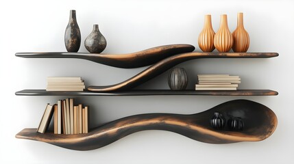 Modern Wavy Wooden Shelves with Decor