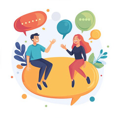 Happy People Engaging In Conversation: Man And Woman On Giant Speech Bubble, Greeting Each Other. Friends And Colleagues Communicating, Corporate And Family Communication Concept.  Illustration.