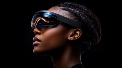 Visionary Focus: A Black woman gazes into the future, wearing sleek augmented reality glasses against a dramatic black background.  The image is a powerful representation of technology, innovation.