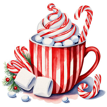recommend clip art: Christmas hot drink red mug with marshmallows, candy canes and cream. Xmas cocoa cup. Cozy winter beverage. Png isolated clipart on transparent background. Watercolor illustration