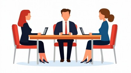 A business meeting scene featuring two women and a man seated at a table with laptops, engaged in discussion or negotiation.