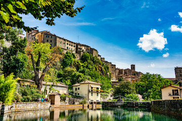 Obraz premium View of the medieval village of Santa Fiora Tuscany Italy from the Peschiera a fifteenth-century reservoir created to collect the river water
