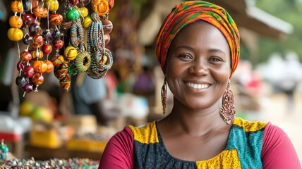 Woman proudly showcasing her handcrafted jewelry at a local market   entrepreneurship, creativity, women in business
