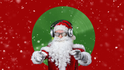 Cool Santa Claus is listening music in headphones.  Vintage red music vinyl record with christmas songs poster. Contemporary flat design art collage.