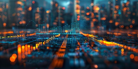  Digital cityscape with glowing data visualization and futuristic graphs