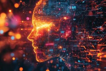 A digital human face with glowing lines and circuits over a black background.