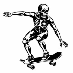 Skeleton playing skateboard image vector silhouette isolated on white background.