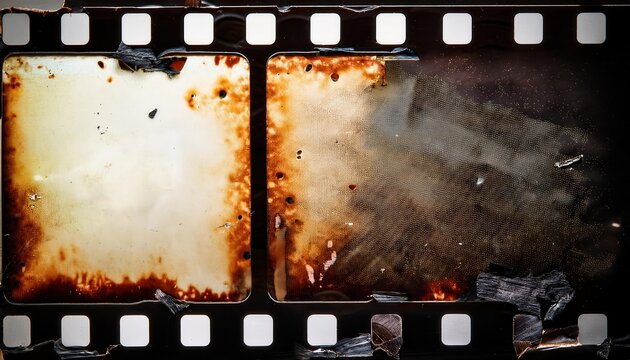 Damaged Vintage Film Strip with Burnt Edges and Degraded Texture Depicting the Fragility and Decay of Analog Media in a Digital Age