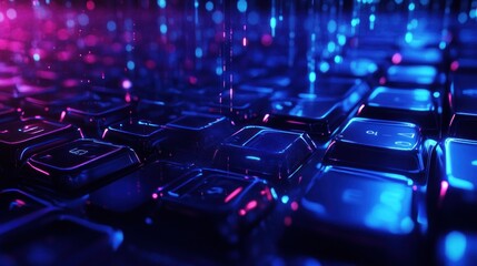 Obraz premium Digital 3d neon keyboard, with hexagonal pattern, AI generated image