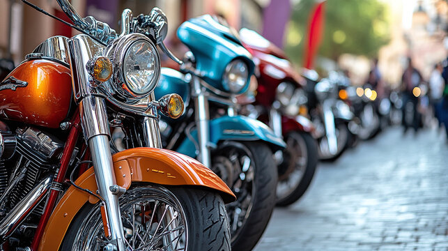 A vibrant motorcycle rally features a lineup of vintage motorcycles, with bikers in leather jackets and colorful banners adding to the festive atmosphere of the event