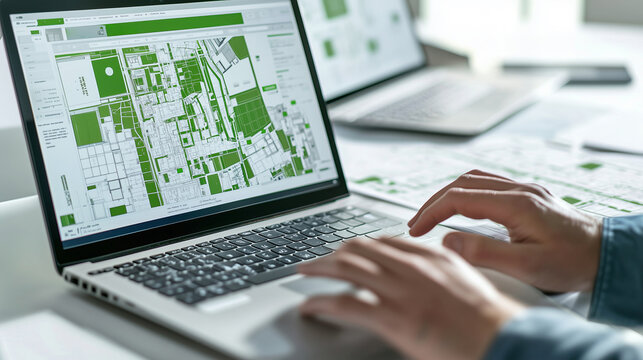 Urban planning and geospatial analysis on laptop for sustainable development