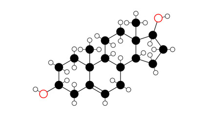 androstenediol molecule, structural chemical formula, ball-and-stick model, isolated image estrogen steroid hormone