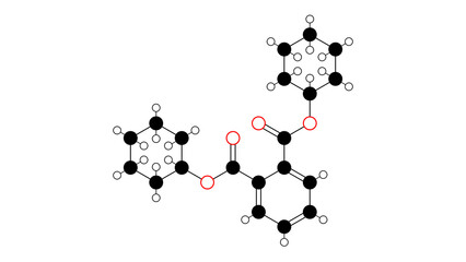 dicyclohexyl phthalate molecule, structural chemical formula, ball-and-stick model, isolated image phthalate ester