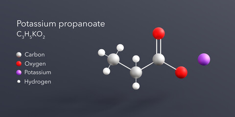potassium propanoate molecule 3d rendering, flat molecular structure with chemical formula and atoms color coding