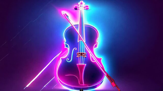 A neon lighted violin and bow are lit up in a purple and blue color scheme. Concept of creativity and artistic expression, as the glowing instruments are illuminated in a unique and eye-catching way