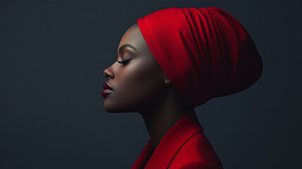 Black Woman Wearing Red Suit With Dark Grey Background. Generative Ai