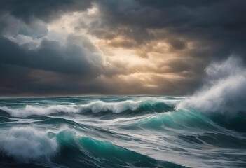 Fototapeta premium Waves crashing against the shore at sunset under dramatic stormy clouds on a coastal horizon