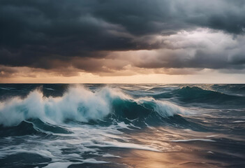 Fototapeta premium Waves crashing against the shore at sunset under dramatic stormy clouds on a coastal horizon