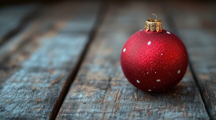 A single red Christmas ornament with white dots rests on a weathered wood surface.